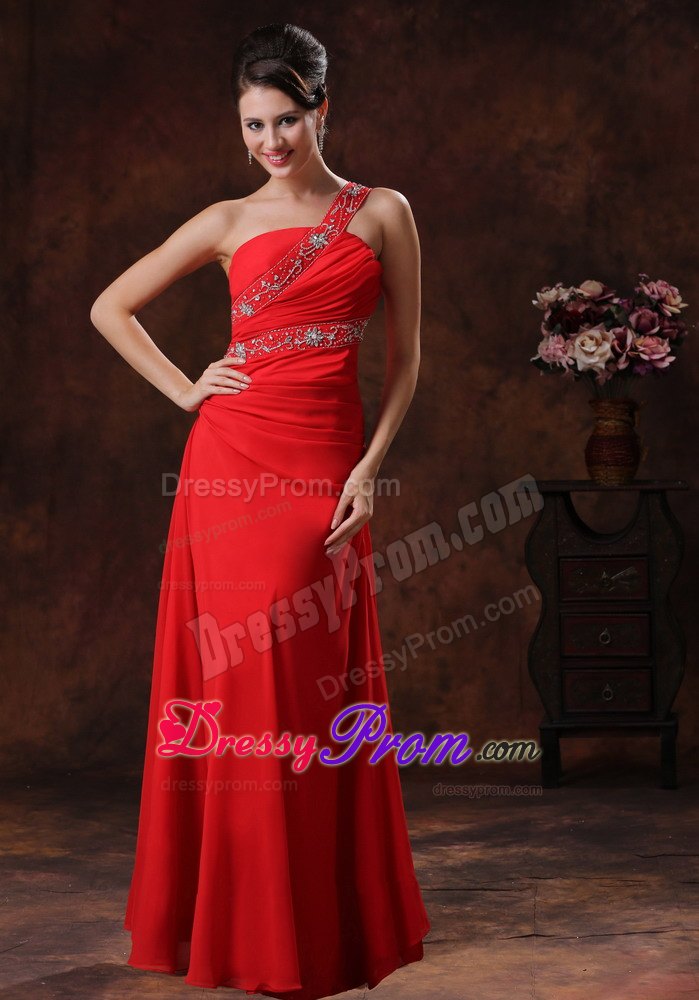 Red One Shoulder Chiffon Ruching Beaded Prom Dress In Alabama