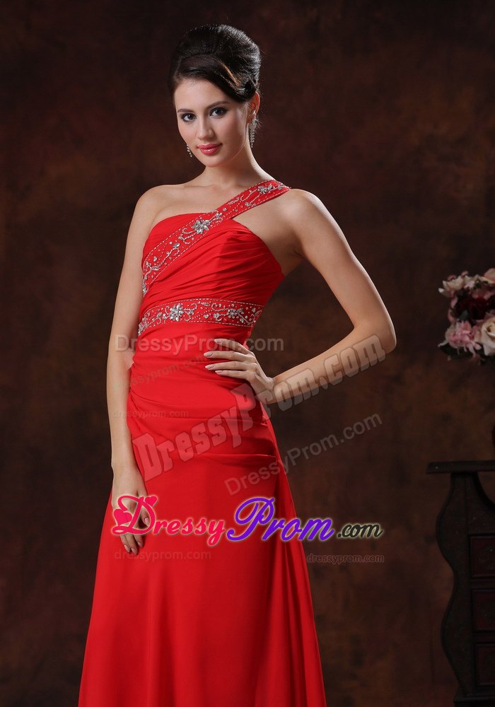 Red One Shoulder Chiffon Ruching Beaded Prom Dress In Alabama