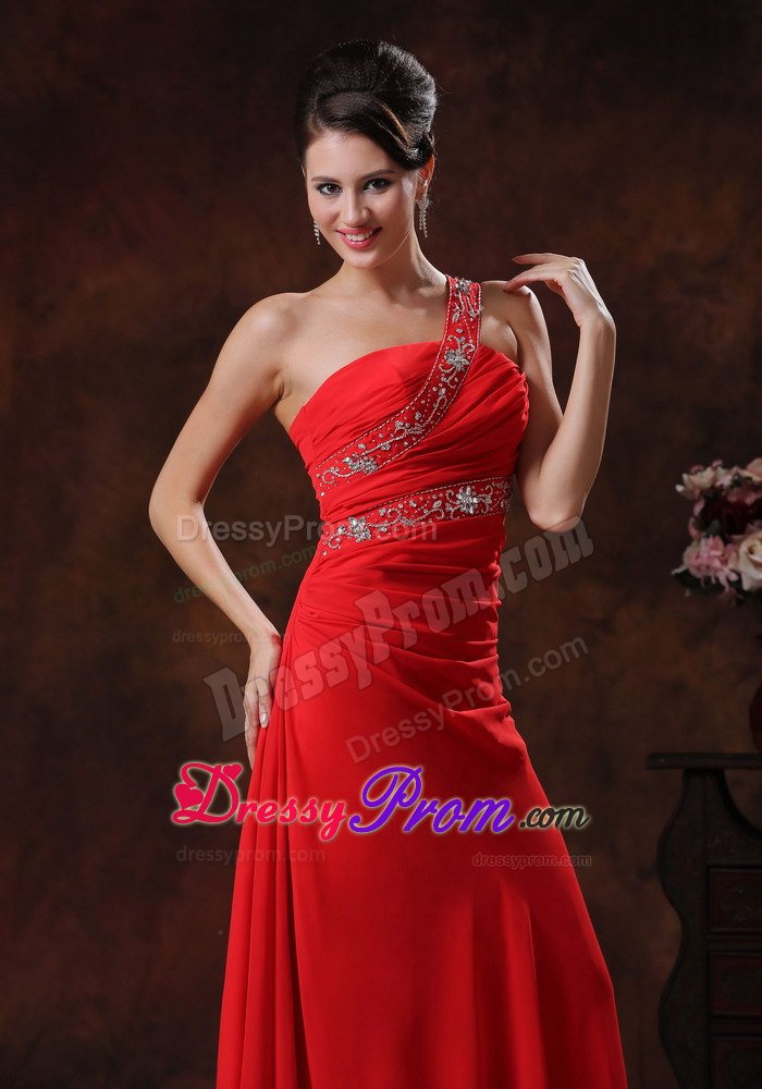 Red One Shoulder Chiffon Ruching Beaded Prom Dress In Alabama