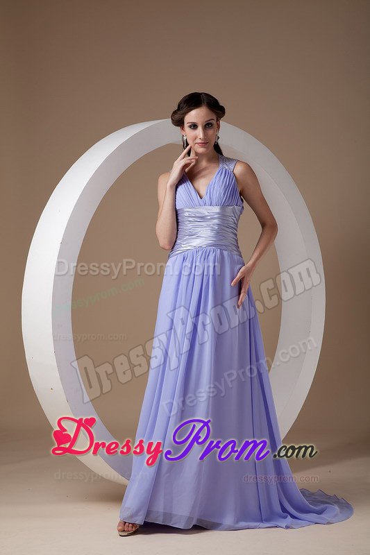 2014 Brush Train V-Neck Ruched Lilac Prom Dress for Girls
