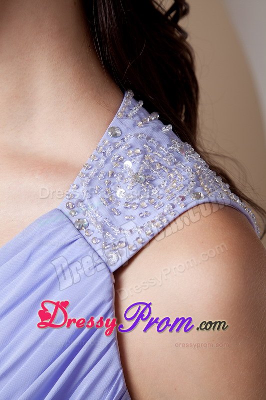 2014 Brush Train V-Neck Ruched Lilac Prom Dress for Girls