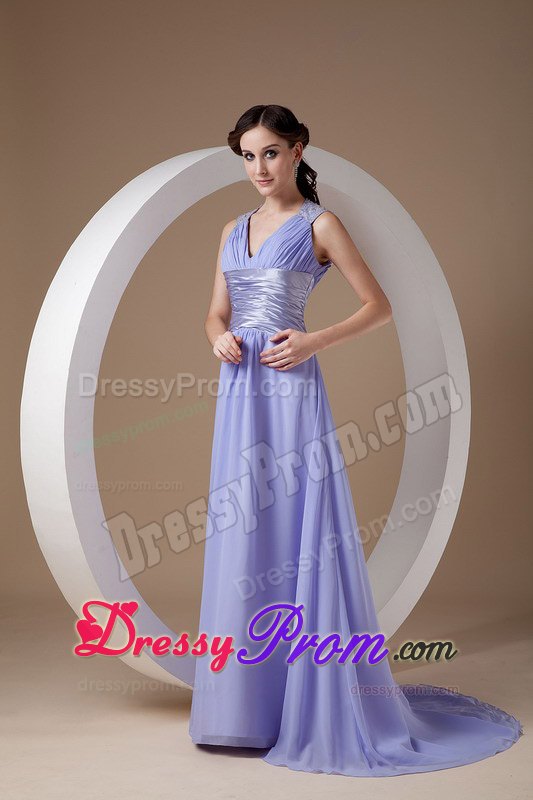2014 Brush Train V-Neck Ruched Lilac Prom Dress for Girls
