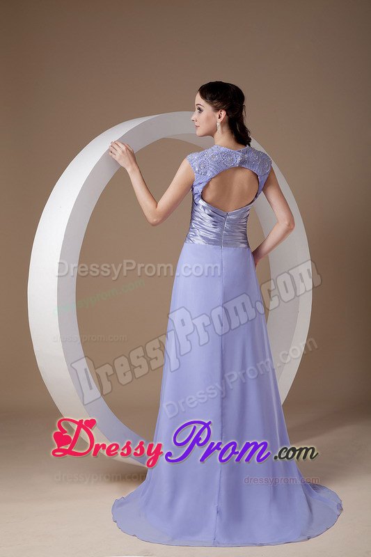 2014 Brush Train V-Neck Ruched Lilac Prom Dress for Girls