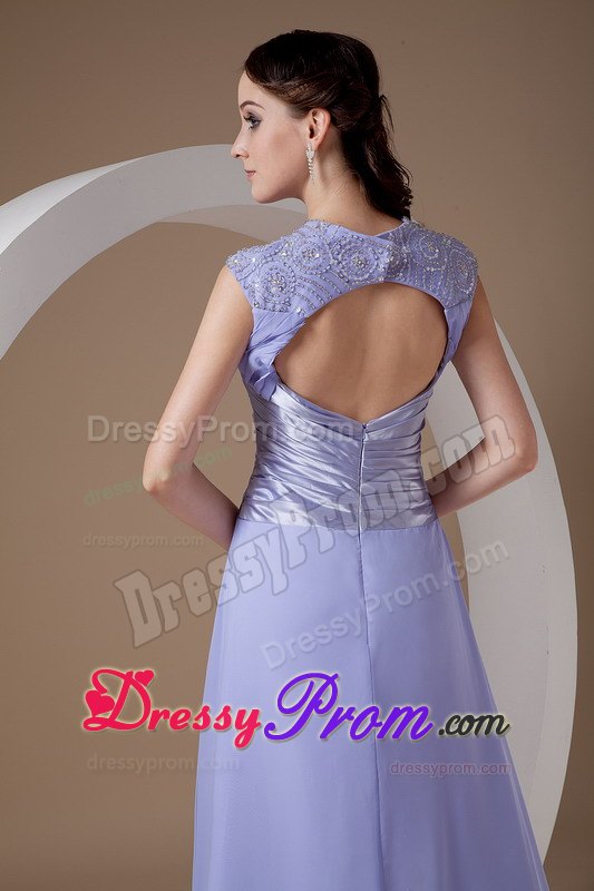 2014 Brush Train V-Neck Ruched Lilac Prom Dress for Girls
