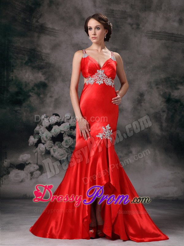 High-low Straps Red Appliqued Prom Dress with Crisscross Back