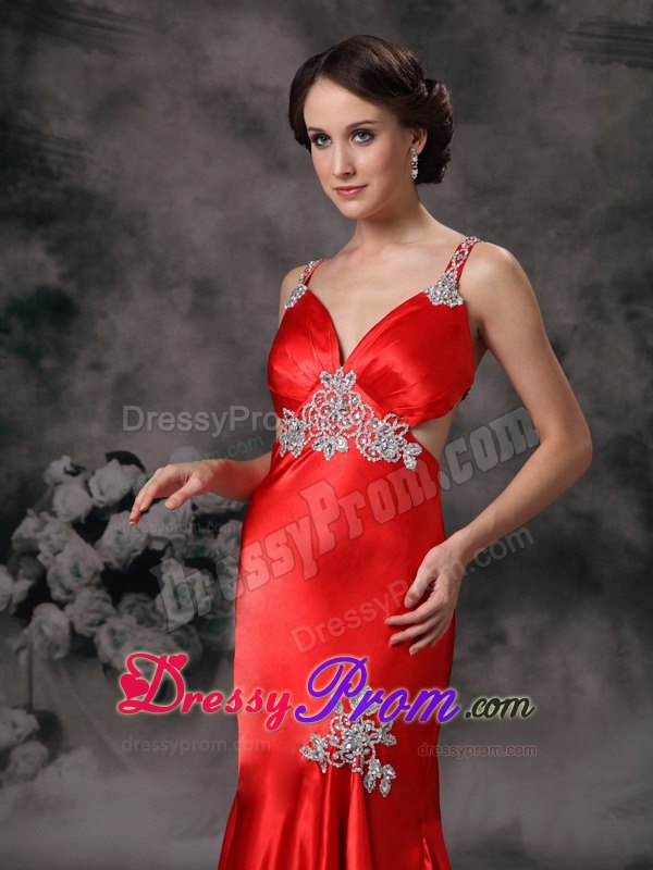 High-low Straps Red Appliqued Prom Dress with Crisscross Back