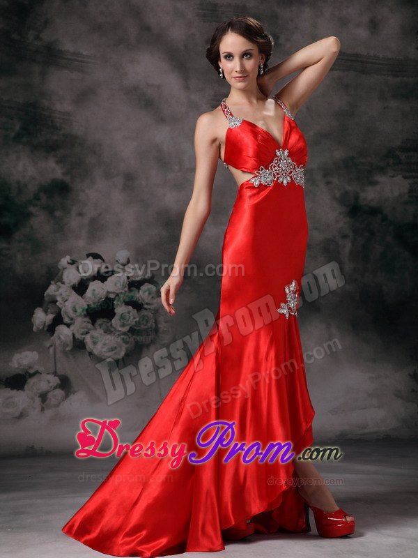 High-low Straps Red Appliqued Prom Dress with Crisscross Back