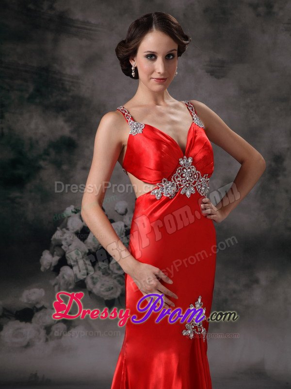 High-low Straps Red Appliqued Prom Dress with Crisscross Back