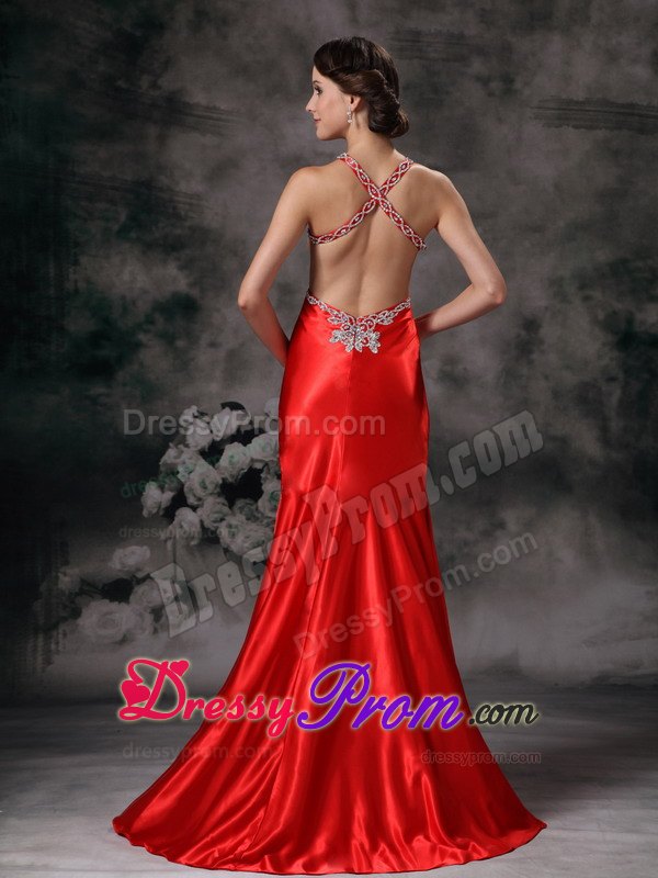 High-low Straps Red Appliqued Prom Dress with Crisscross Back