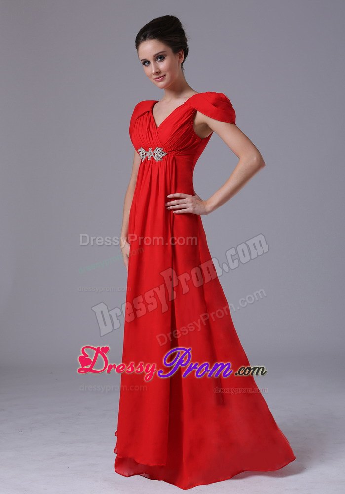 V-Neck Short Sleeves Red Prom Dress for Girls in Gainesville
