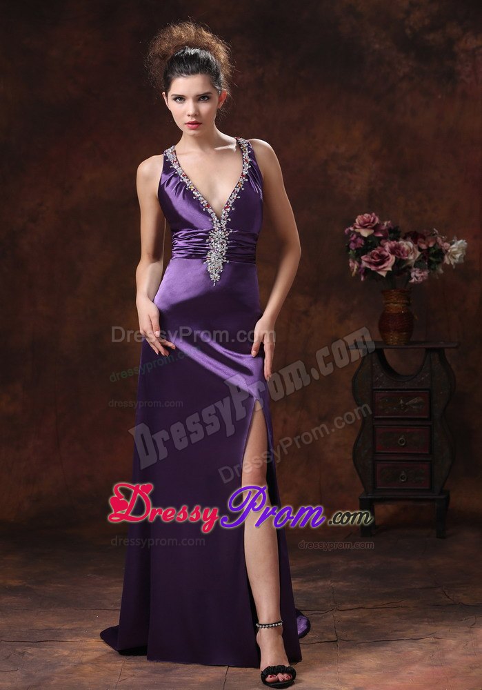 Purple V-Neck Brush Train Prom Dress with Crisscross Back