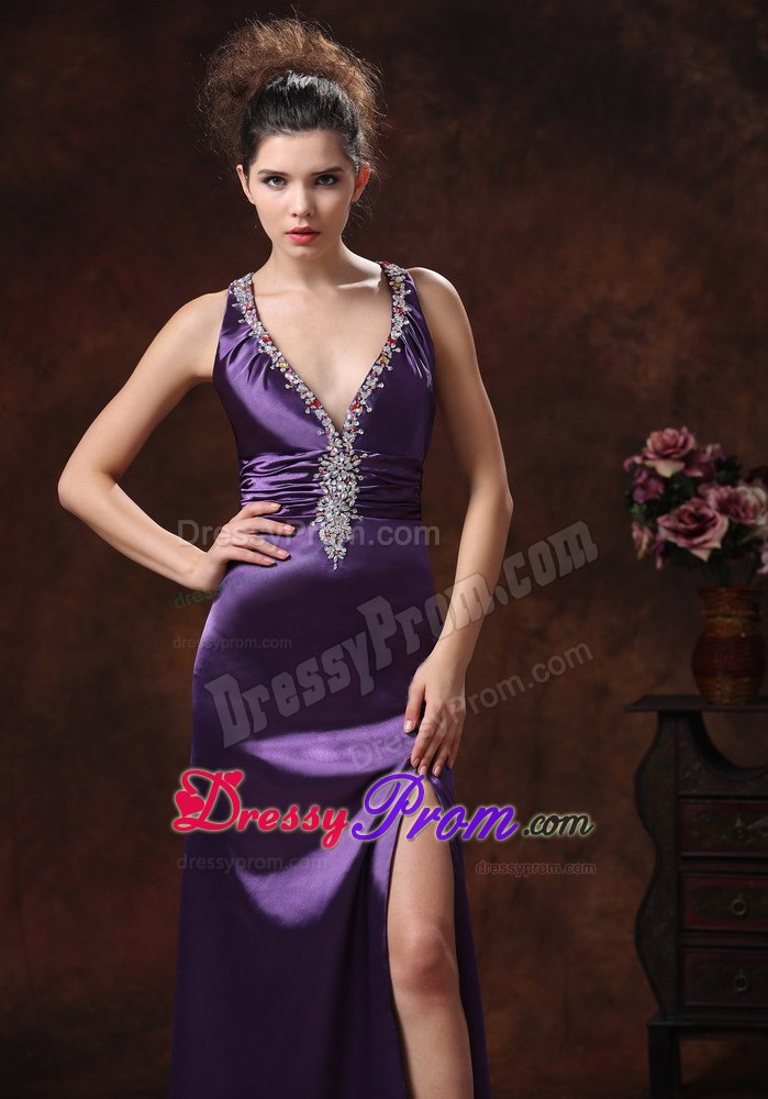 Purple V-Neck Brush Train Prom Dress with Crisscross Back