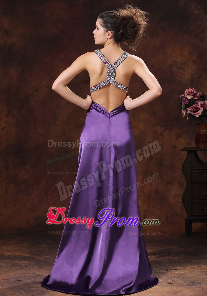 Purple V-Neck Brush Train Prom Dress with Crisscross Back