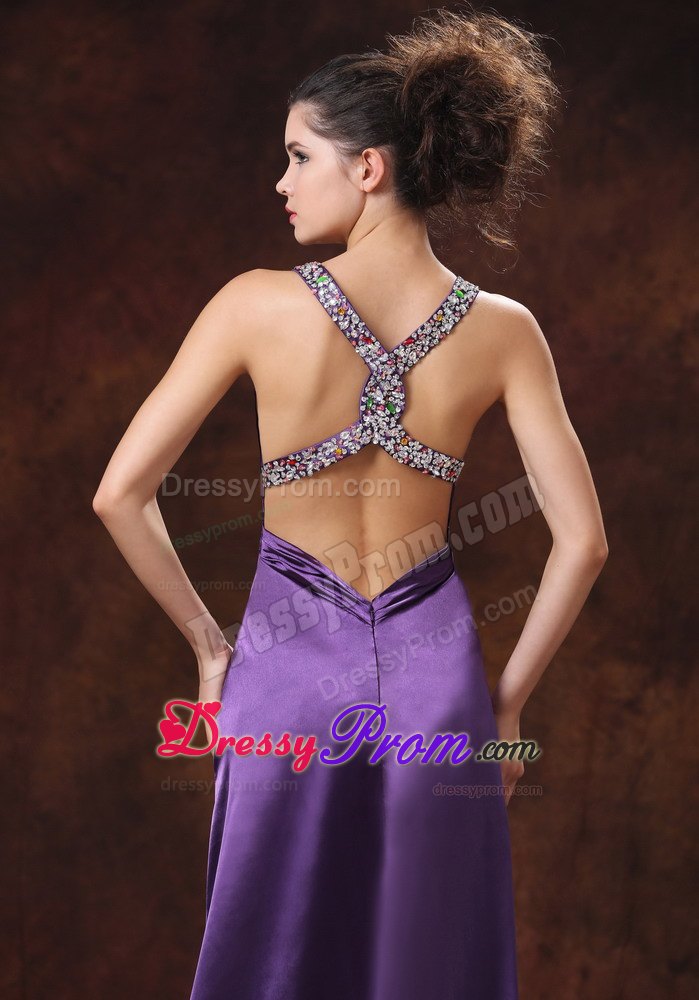Purple V-Neck Brush Train Prom Dress with Crisscross Back