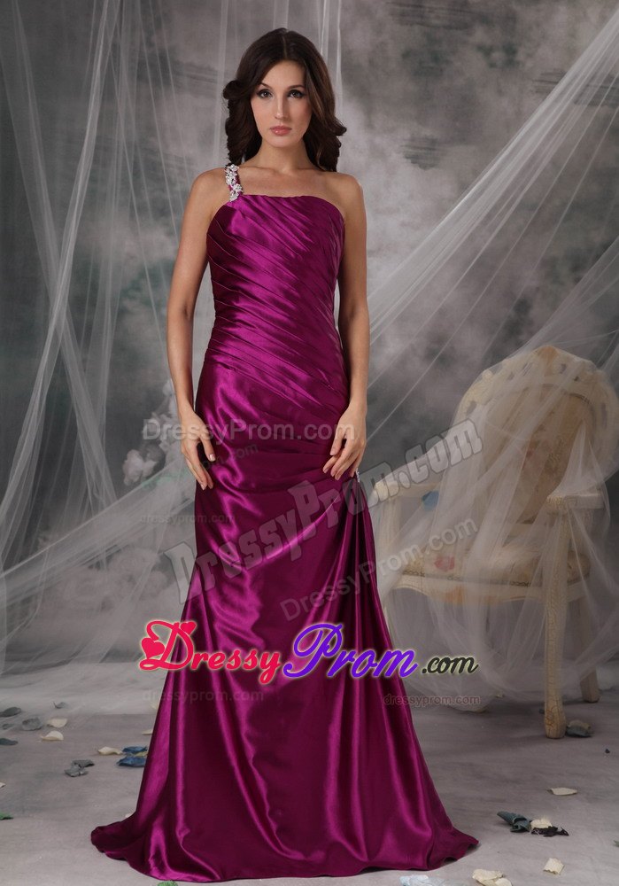 Appliqued One Shoulder Fuchsia Prom Dress with The Back Out