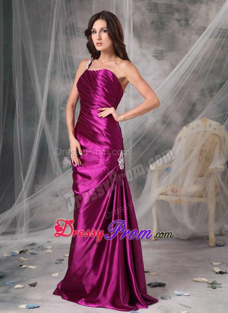 Appliqued One Shoulder Fuchsia Prom Dress with The Back Out