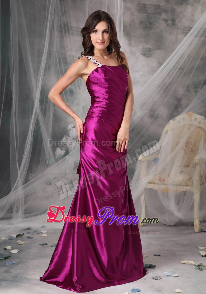 Appliqued One Shoulder Fuchsia Prom Dress with The Back Out