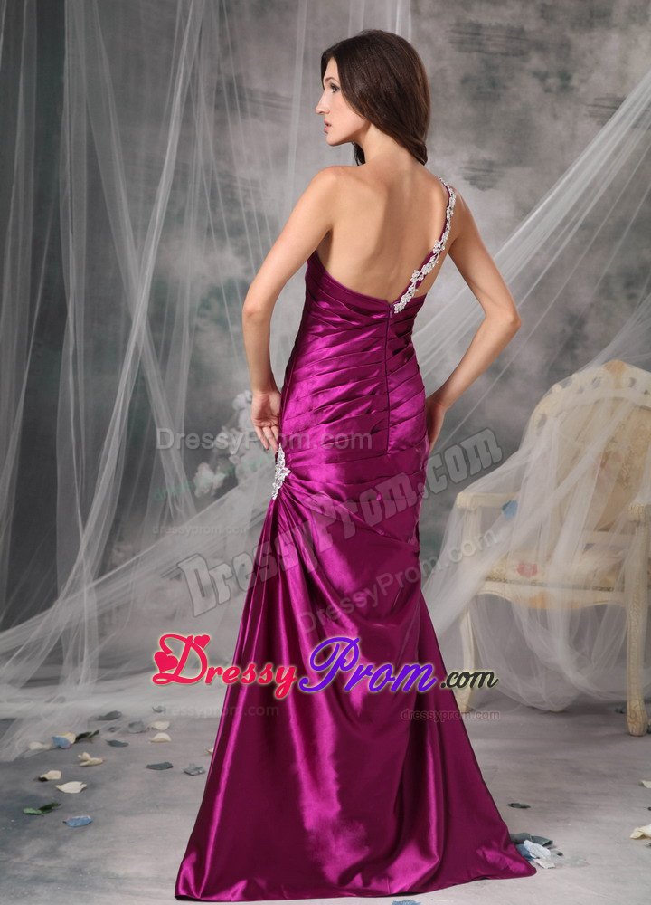 Appliqued One Shoulder Fuchsia Prom Dress with The Back Out