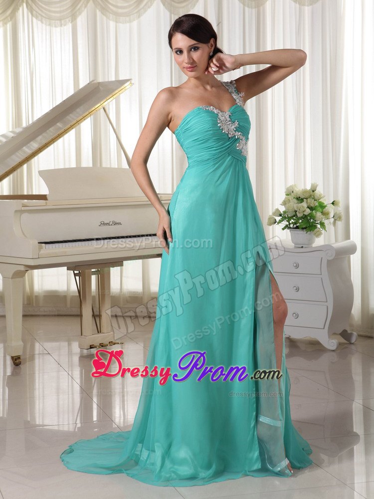Turquoise Appliqued One Shoulder Brush Train Prom Dresses