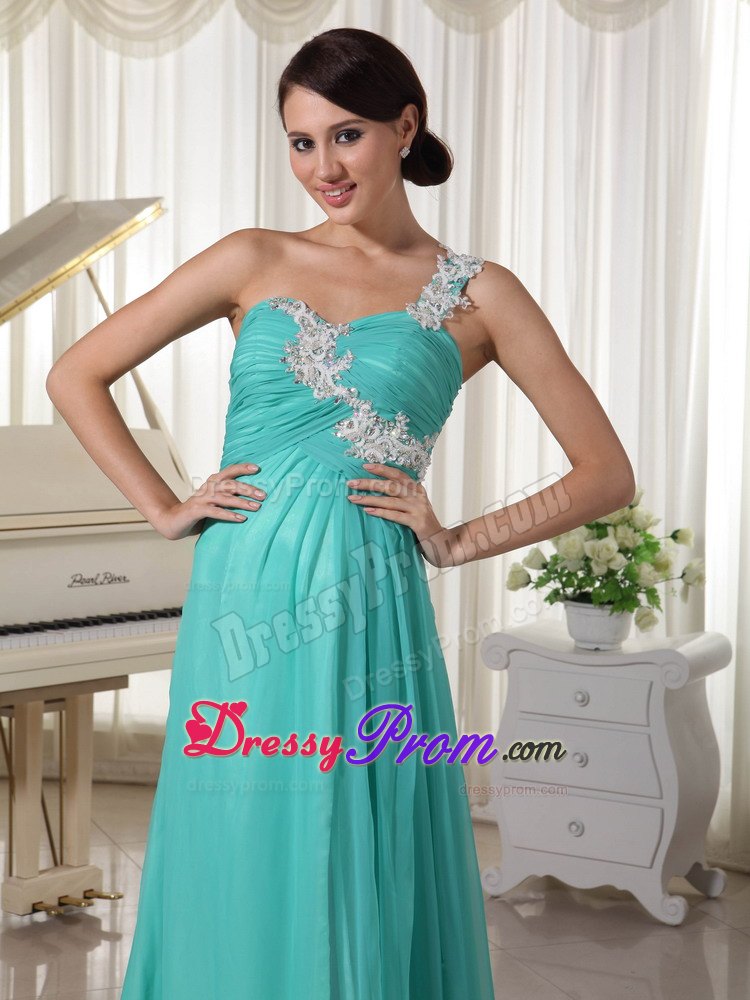 Turquoise Appliqued One Shoulder Brush Train Prom Dresses