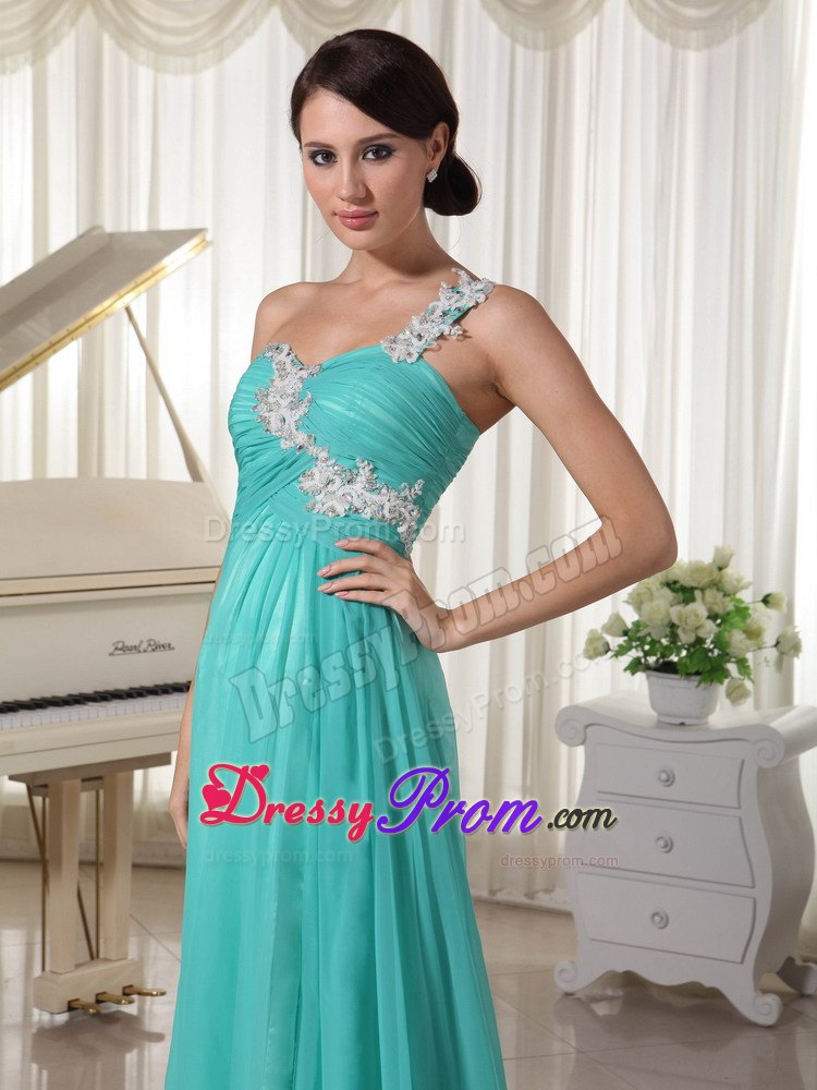 Turquoise Appliqued One Shoulder Brush Train Prom Dresses