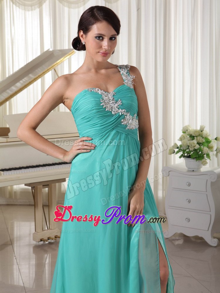Turquoise Appliqued One Shoulder Brush Train Prom Dresses