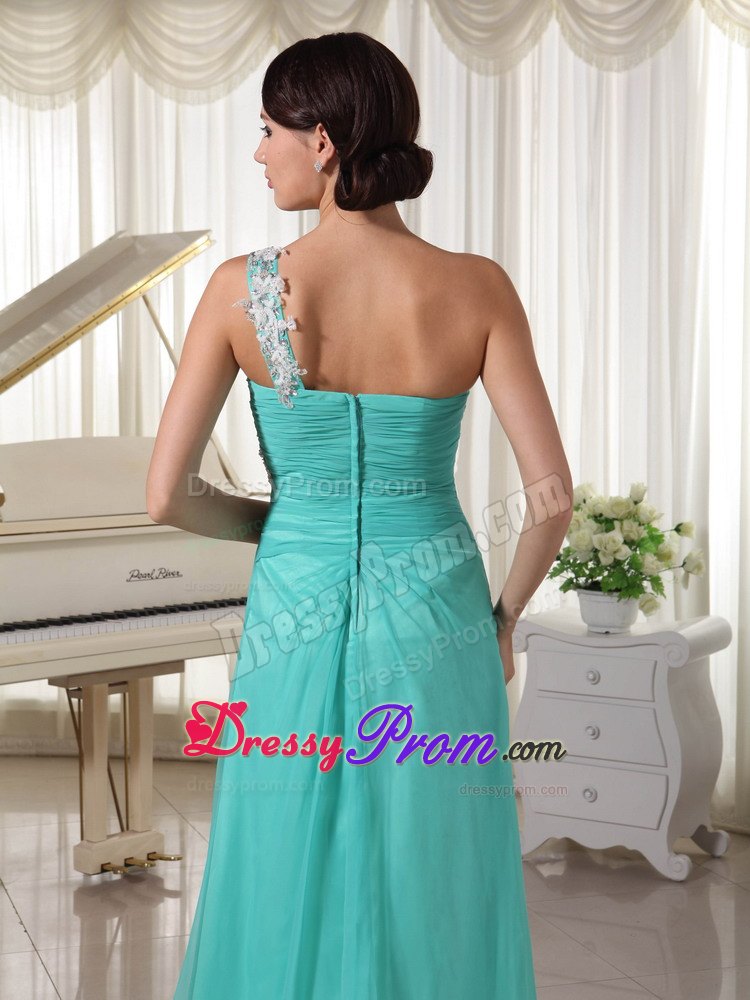 Turquoise Appliqued One Shoulder Brush Train Prom Dresses