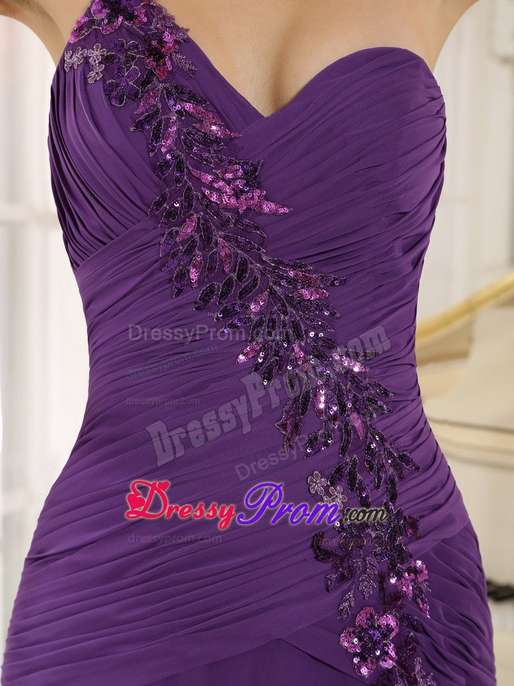 2014 Fast Shipping Slitted Appliqued Ruched Purple Prom Dress