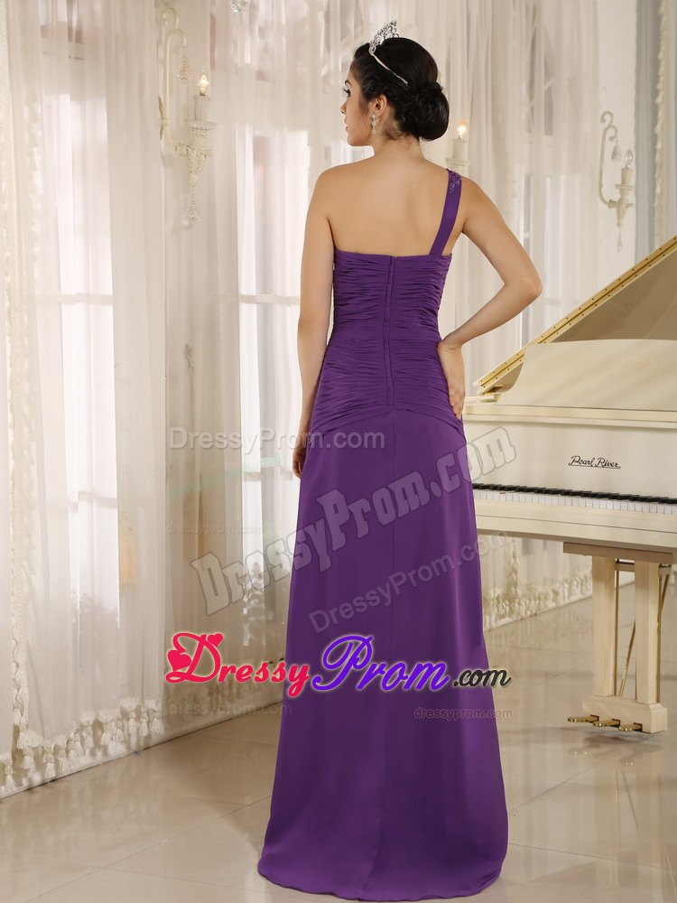 2014 Fast Shipping Slitted Appliqued Ruched Purple Prom Dress