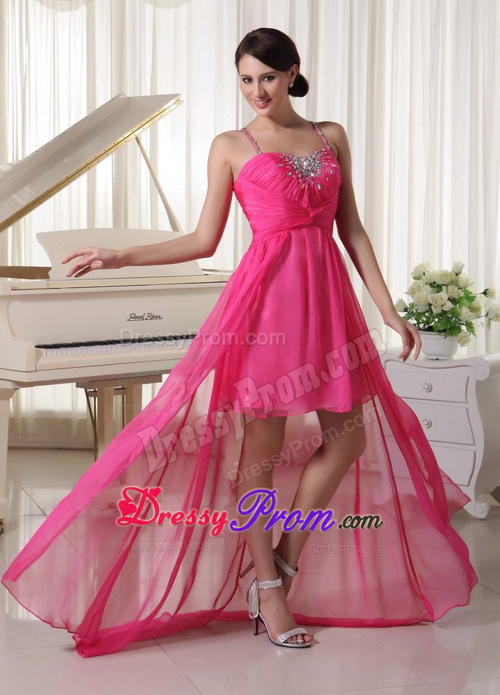 Hot Pink Spaghetti Straps Beaded High-Low Prom Celebrity Dress