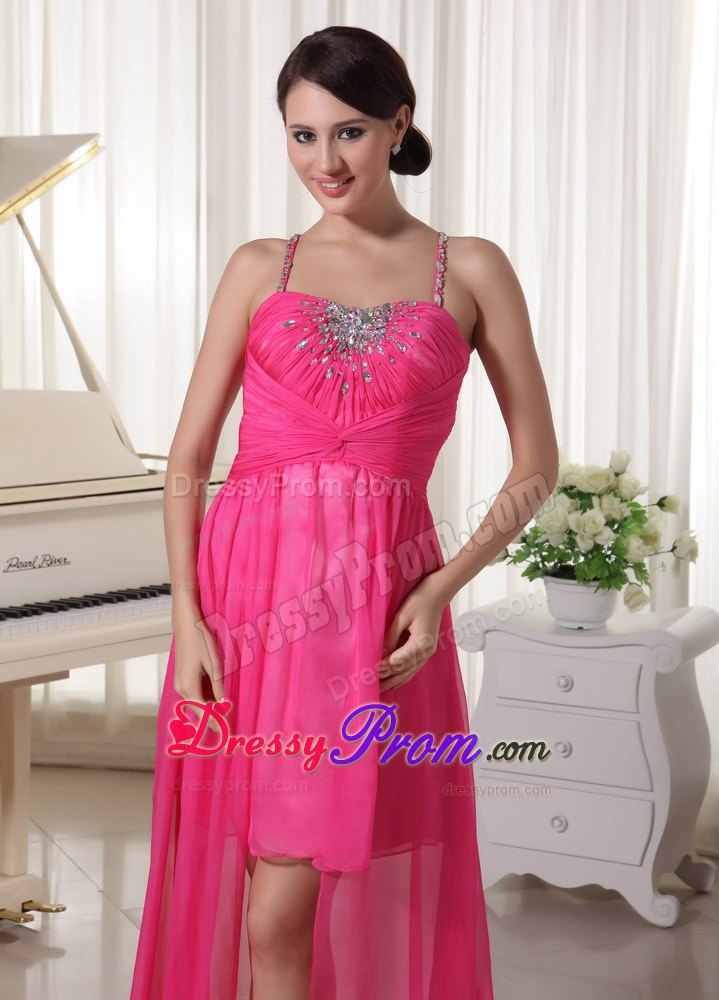 Hot Pink Spaghetti Straps Beaded High-Low Prom Celebrity Dress