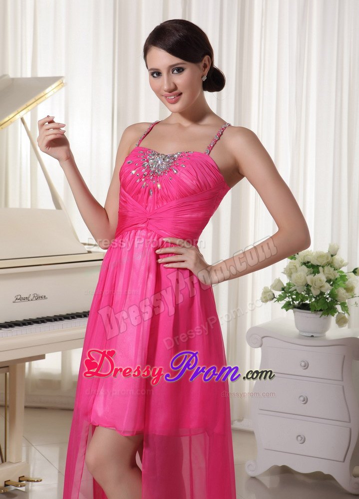 Hot Pink Spaghetti Straps Beaded High-Low Prom Celebrity Dress