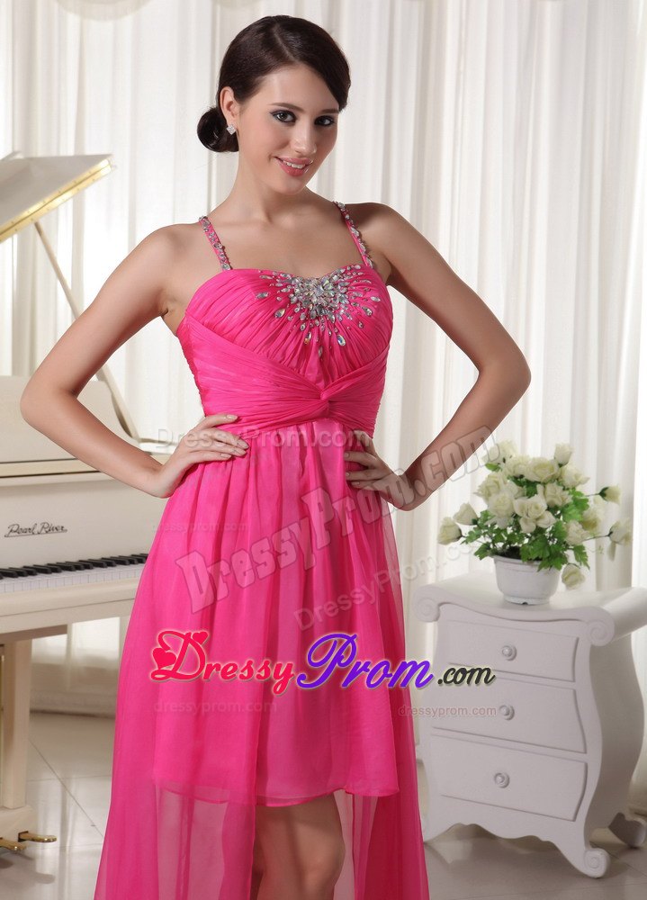 Hot Pink Spaghetti Straps Beaded High-Low Prom Celebrity Dress