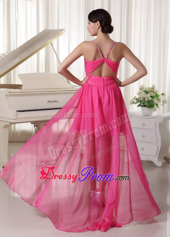 Hot Pink Spaghetti Straps Beaded High-Low Prom Celebrity Dress