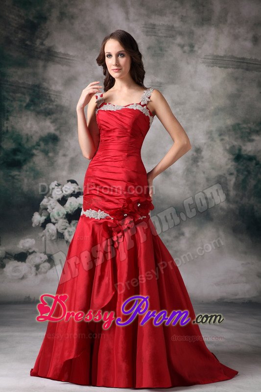 Appliqued Straps Flowers Red Taffeta Prom Dress Brush Train