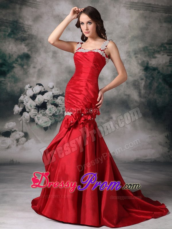 Appliqued Straps Flowers Red Taffeta Prom Dress Brush Train