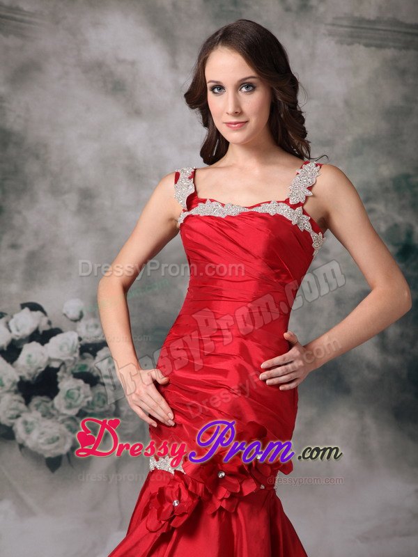 Appliqued Straps Flowers Red Taffeta Prom Dress Brush Train
