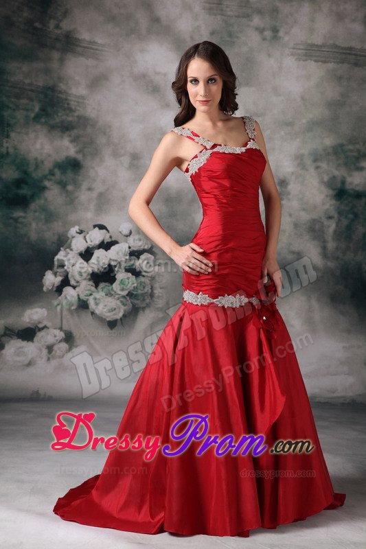 Appliqued Straps Flowers Red Taffeta Prom Dress Brush Train