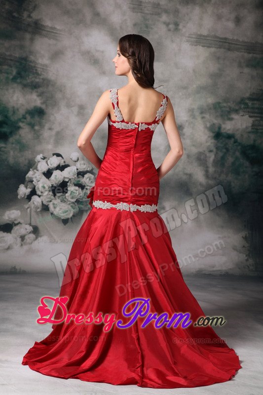 Appliqued Straps Flowers Red Taffeta Prom Dress Brush Train