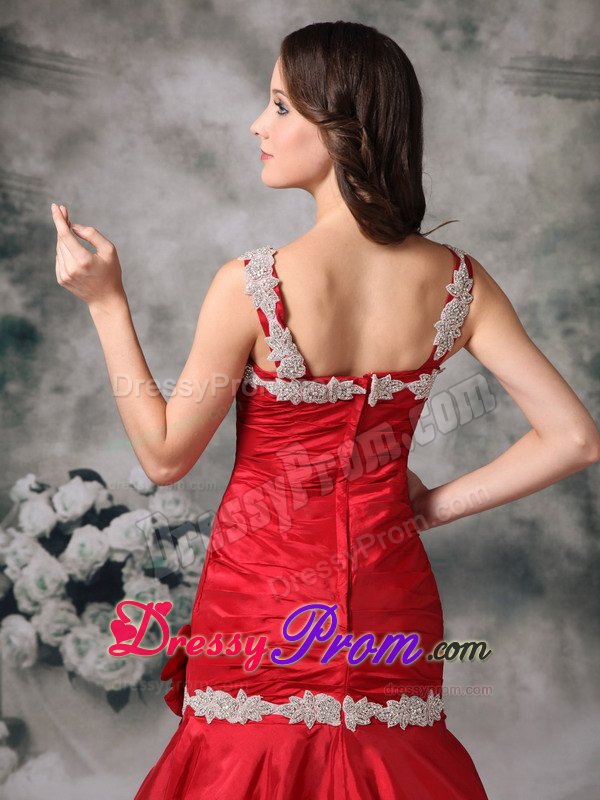 Appliqued Straps Flowers Red Taffeta Prom Dress Brush Train