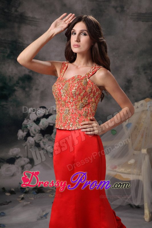 Cheap Brush Train Straps Red Dress for Prom with Embroidery