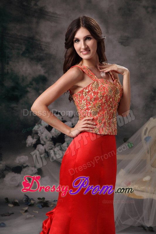 Cheap Brush Train Straps Red Dress for Prom with Embroidery