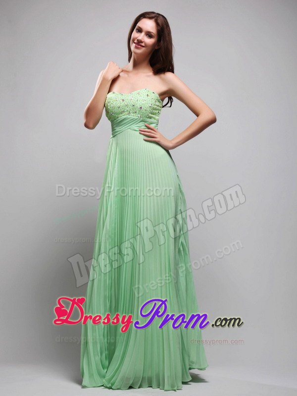 Pretty Column Pleated Beaded Apple Green Long Prom Dress
