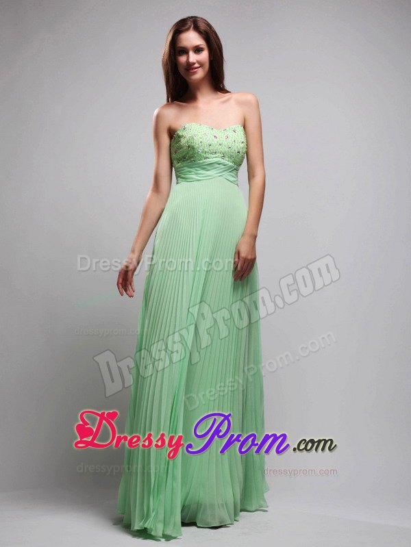 Pretty Column Pleated Beaded Apple Green Long Prom Dress
