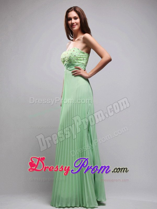 Pretty Column Pleated Beaded Apple Green Long Prom Dress