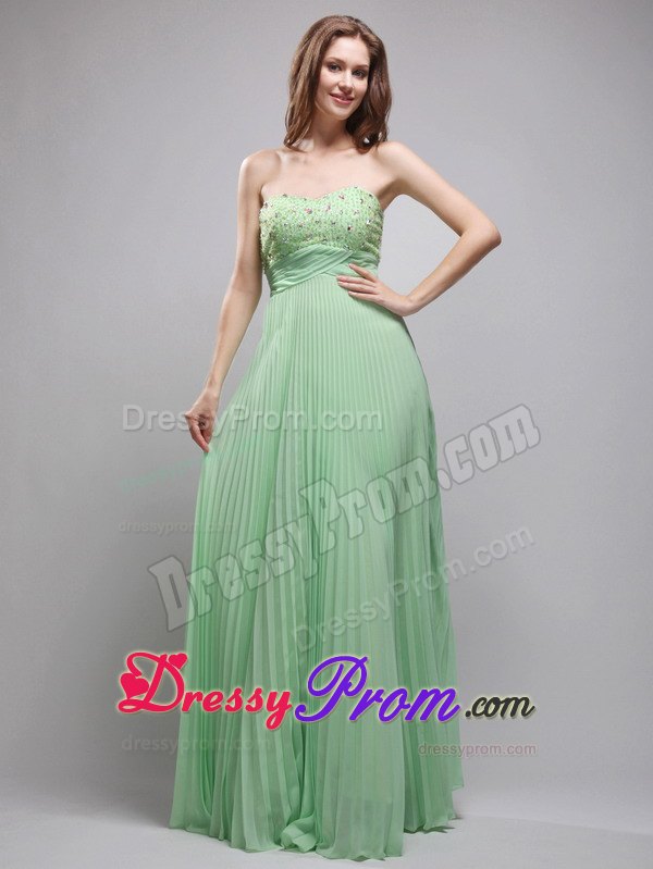 Pretty Column Pleated Beaded Apple Green Long Prom Dress