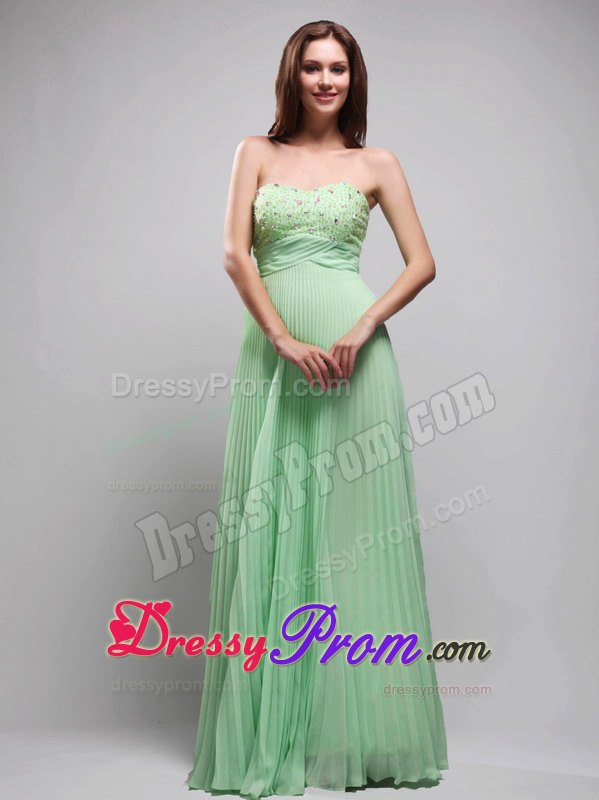 Pretty Column Pleated Beaded Apple Green Long Prom Dress