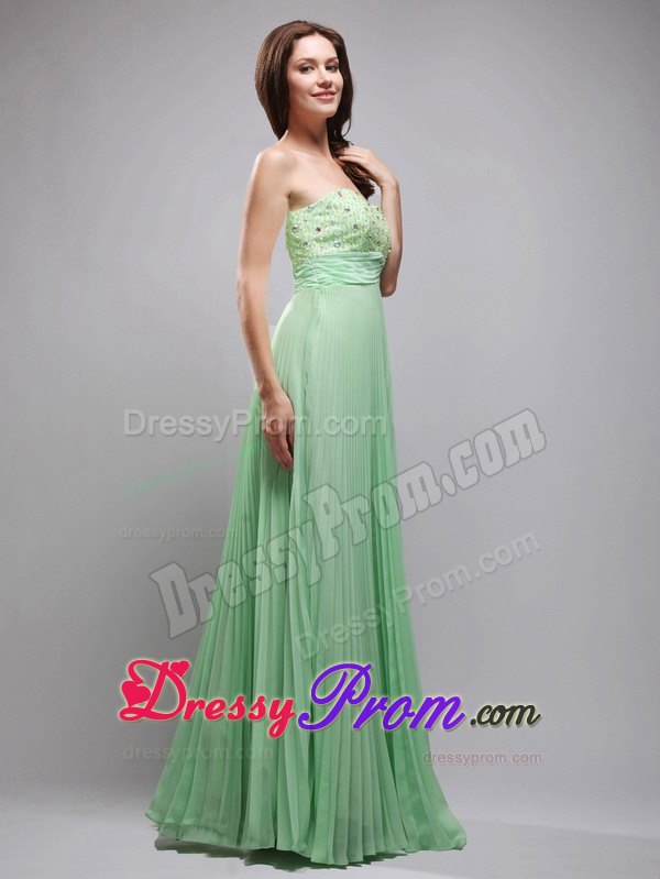 Pretty Column Pleated Beaded Apple Green Long Prom Dress