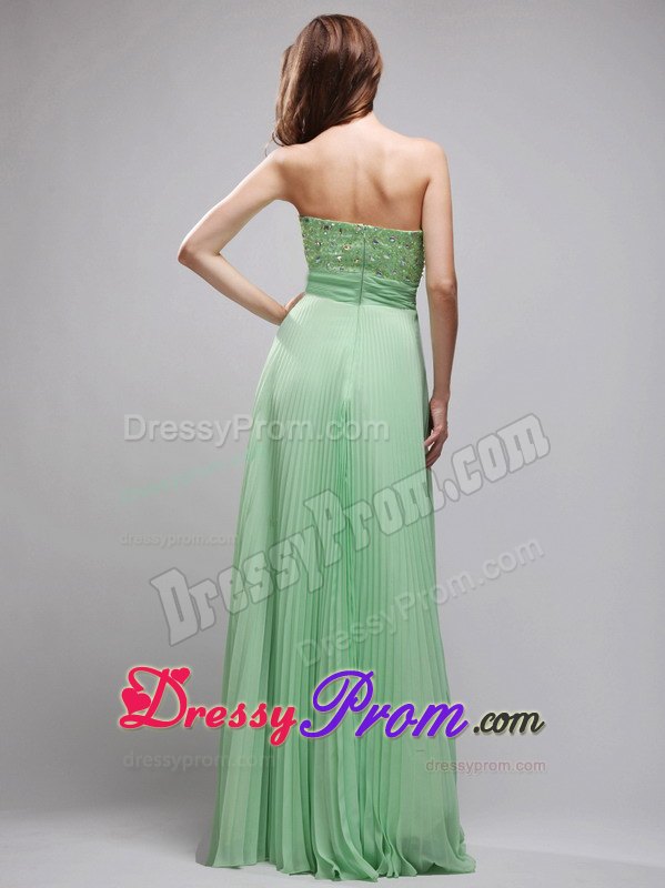 Pretty Column Pleated Beaded Apple Green Long Prom Dress