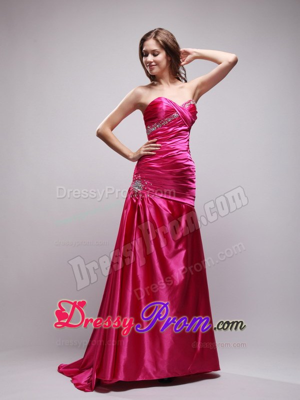 Exclusive Column Sweetheart Hot Pink Beaded Prom Dresses
